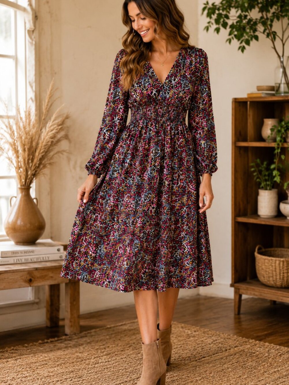 Boden Floral Boho Midi Dress Smocked Waist Long Sleeve Size 16 18